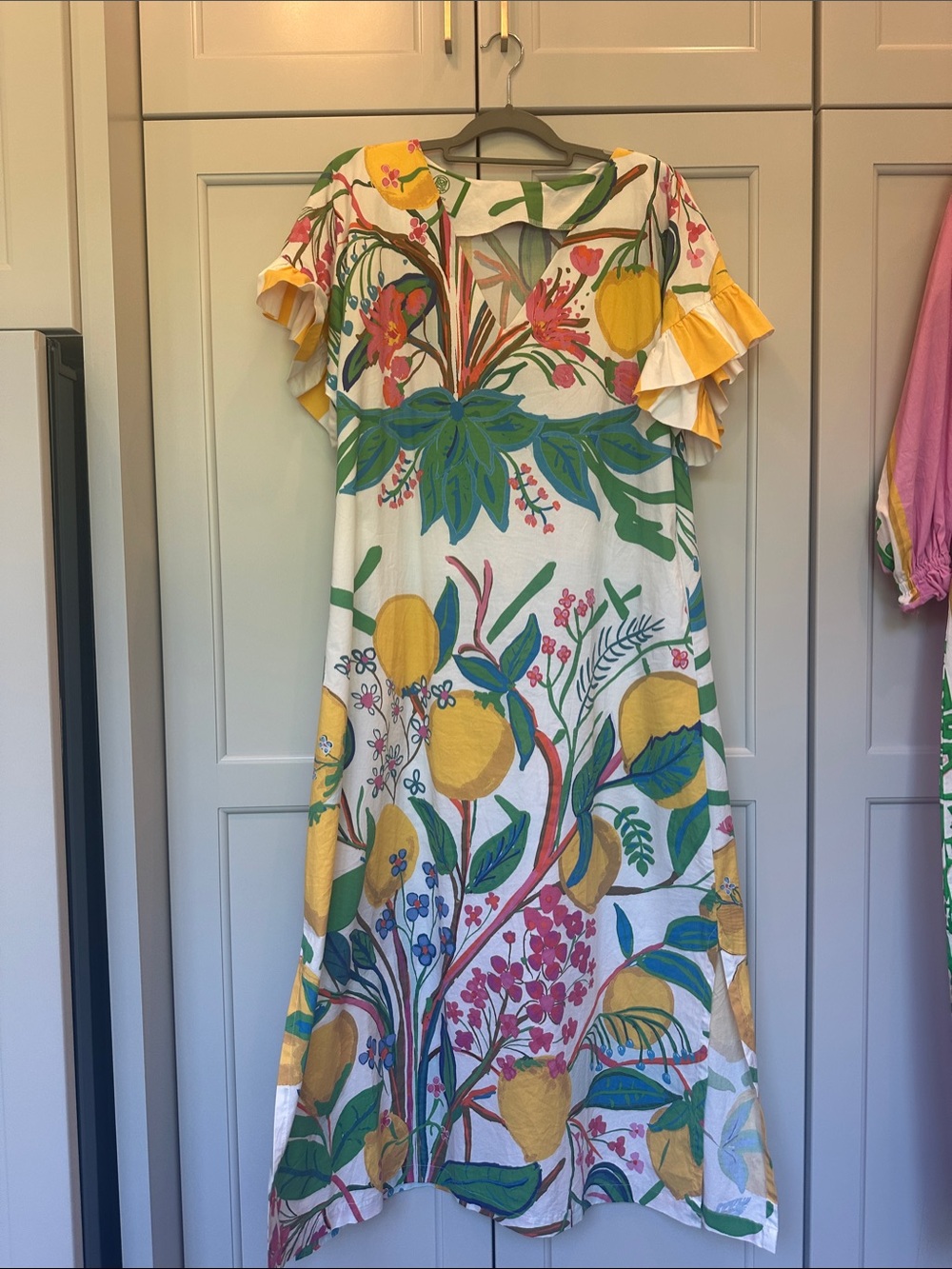 Summer Lemon Botanical Maxi Dress with Ruffle Sleeves